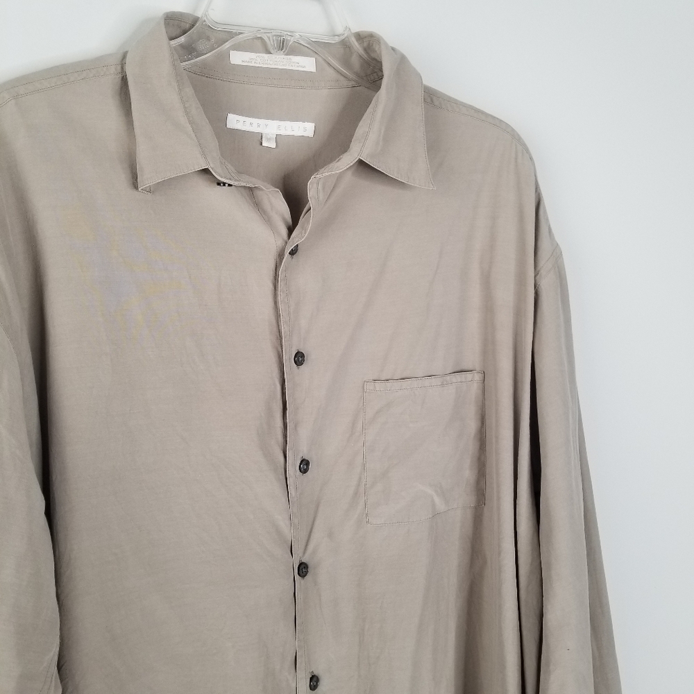 Perry Ellis Silk Blend Long Sleeve Button Down Tan/Beige Shirt Size XL - Picture 5 of 10